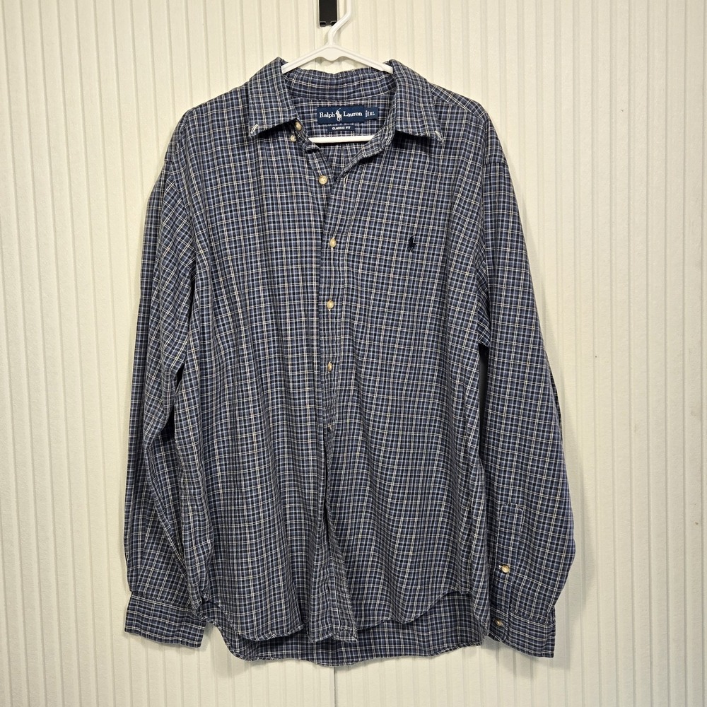 RALPH LAUREN Shirt Men's Thick‎ Chambray Cotton Plaid Button Size  XL
